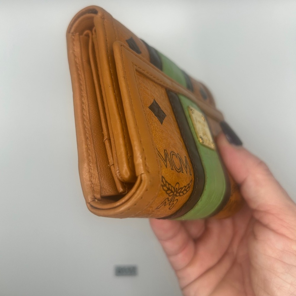 MCM Wallet‎ Trifold Cognac Visetos Leather Green Stripe #117 - Picture 6 of 9